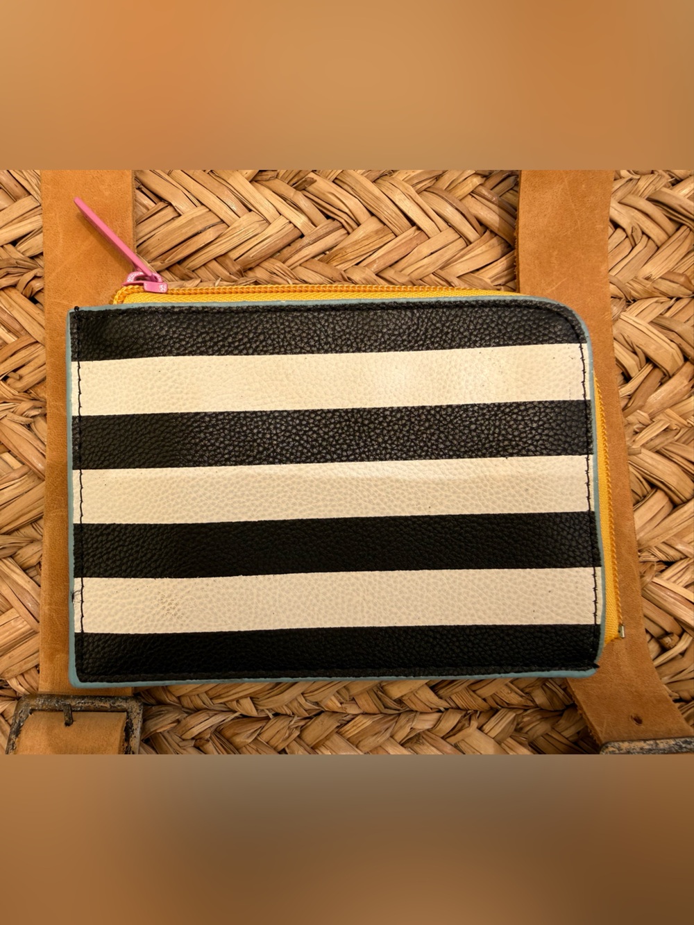 Sephora Black & White Striped Wallet with Yellow Trim and Pink Zip Tab